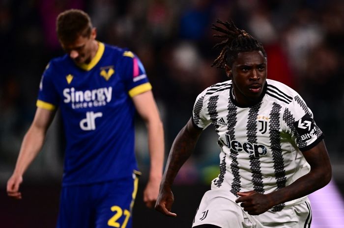 Moise Kean mencetak gol Juventus ke gawang Verona dalam duel Liga Italia di Allianz Stadium Turin (1/4/2023).