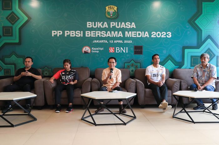 Suasana buka bersama PP PBSI bersama media 2023 di Pelatnas PBSI Cipayung, Jakarta, 12 April 2023.
