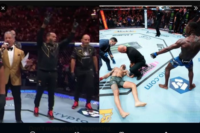 Montase momen Israel Adesanya di UFC 287 (kiri), dan reaksi salah satu pelatih Alex Pereira selepas duel (kanan).