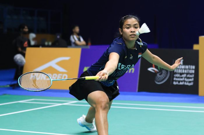 Pebulu tangkis tunggal putri Indonesia, Gregoria Mariska Tunjung, pada babak pertama Kejuaraan Asia 2023 di Sheikh Rashid Bin Hamdan Indoor Hall, Al Nasr Club, Rabu (26/4/2023).