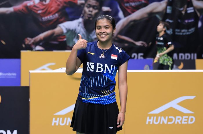 Selebrasi tunggal putri Indonesia, Gregoria Mariska Tunjung usai memenangi laga babak kedua Kejuaraan Asia 2023 melawan Komang Ayu Cahya Dewi, Kamis (27/4/2023)