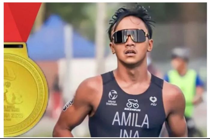 Atlet aquathlon Indonesia, Rashif Amila Yaqin, menyumbangkan emas pertama Indonesia pada SEA Games 2023 Kamboja, Sabtu (6/5/2023)