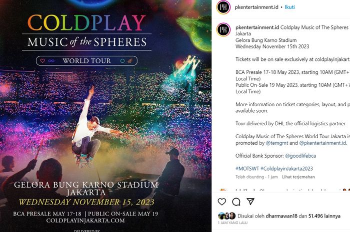 Grup musik, Coldplay sudah secara resmi mengumumkan akan menggelar konser di Indonesia.
