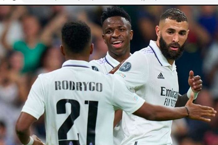 Tiga penyerang Real Madrid, Karim Benzema, Vinicius Junior, dan Rodrygo.