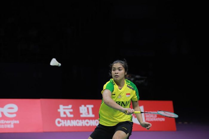 Pebulu tangkis tunggal putri Indonesia, Gregoria Mariska Tunjung, saat turun pada partai ketiga Indonesia vs Jerman pada babak penyisihan Grup A Sudirman Cup 2023 di Suzhou Olympic Sport Centre, China, Selasa, 16 Mei 2023