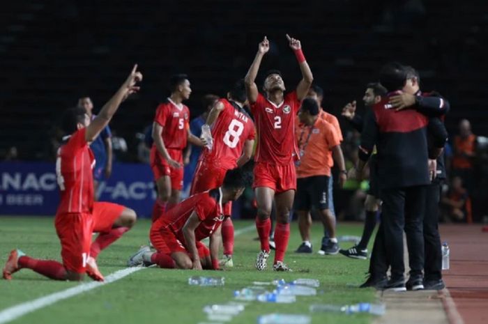Timnas U-22 Indonesia selebrasi dalam final SEA Games 2023 di Kamboja menghadapi Thailand.