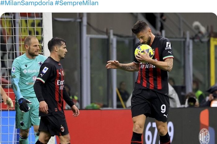 Striker AC Milan, Olivier Giroud, merayakan gol ke gawang Sampdoria dalam lanjutan Liga Italia 2022-2023.