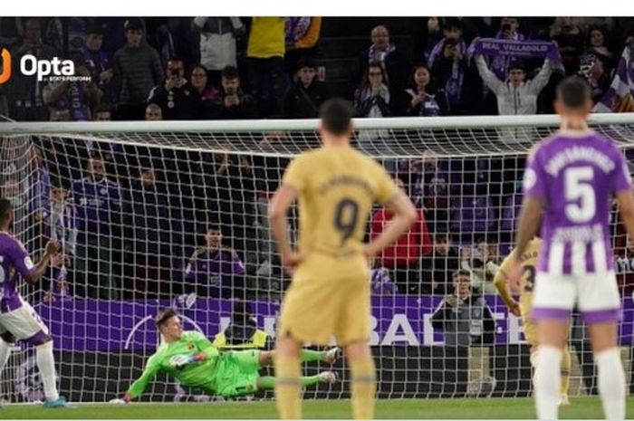 Pemain Real Valladolid, Cyle Larin (25), mencetak gol ke gawang Barcelona dalam laga pekan ke-36 Liga Spanyol 2022-2023, Rabu (24/5/2023).