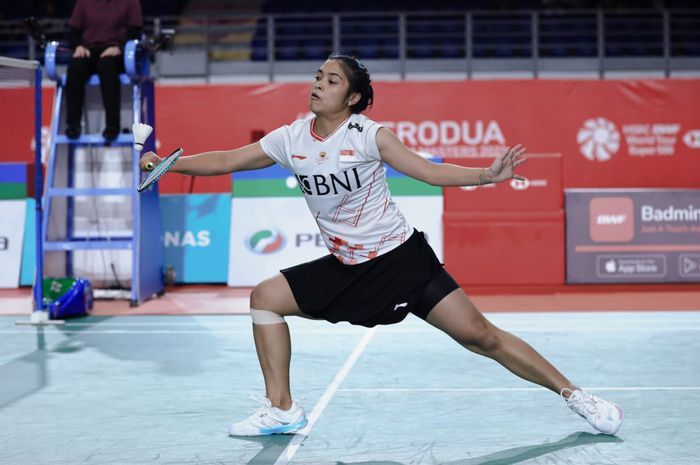 Pebulu tangkis tunggal putri Indonesia, Gregoria Mariska Tunjung, pada perempat final Malaysia Masters 2023 di Axiata Arena, Kuala Lumpur, Jumat (26/5/2023).