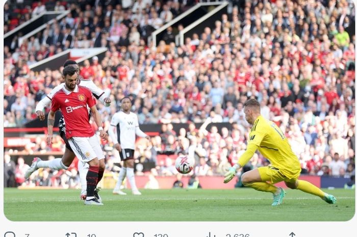 Bruno Fernandes mencetak gol dalam laga Manchester United vs Fulham pada pekan ke-38 Liga Inggris, Minggu (28/5/2023) di Old Trafford.