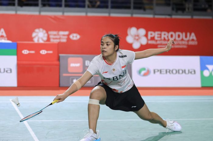 Pebulu tangkis tunggal putri Indonesia, Gregoria Mariska Tunjung. pada final Malaysia Masters 2023 di Axiata Arena, Kuala Lumpur, Minggu (28/5/2023).