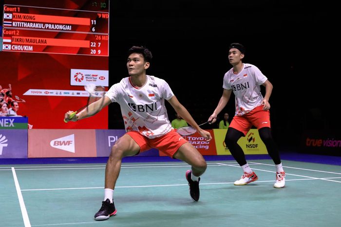 Pasangan ganda putra Indonesia, Muhammad Shohibul Fikri/Bagas Maulana, pada semifinal Thailand Open 2023 di Indoor Stadium Huamark, Bangkok, Sabtu (3/6/2023).
