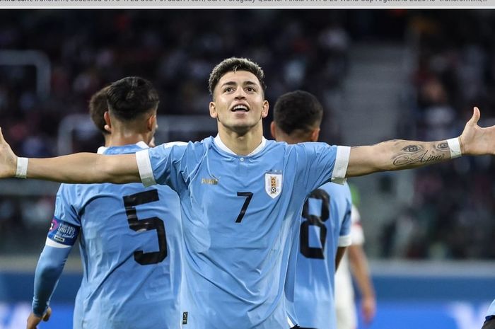 Anderson Duarte merayakan gol kemenangan Uruguay atas Amerika Serikat yang menggagalkan skenario duel Israel vs AS di semifinal Piala Dunia U-20 2023.