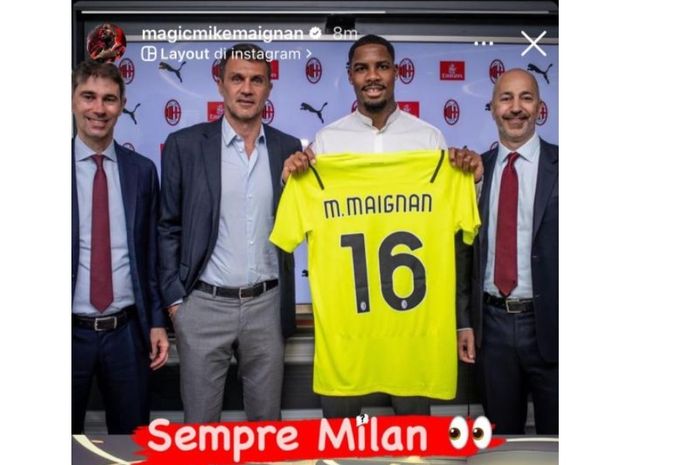 Tangkapan layar unggahan Mike Maignan yang membubuhkan tanda tanya di atas kata-kata Sempre Milan menyusul pemecatan Paolo Maldini.