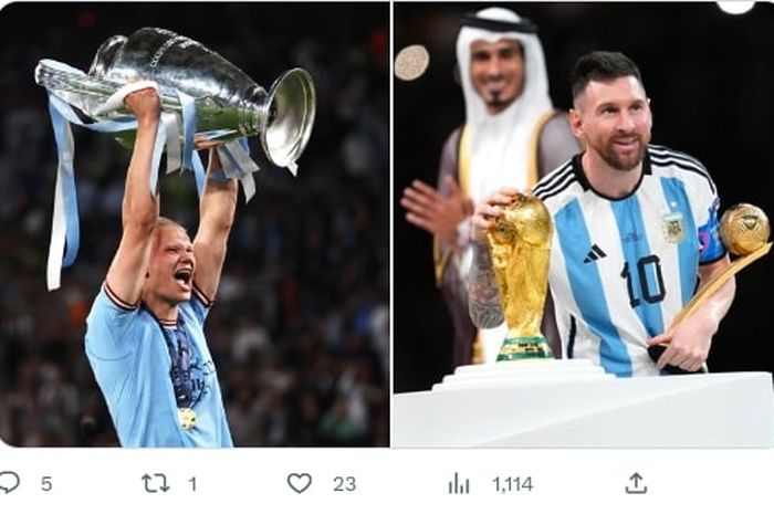 Erling Haaland Raih Treble Winners di Manchester City (kiri) Vs Lionel Messi yang juara Piala Dunia 2022. Siapa menang Ballon d'Or 2023?