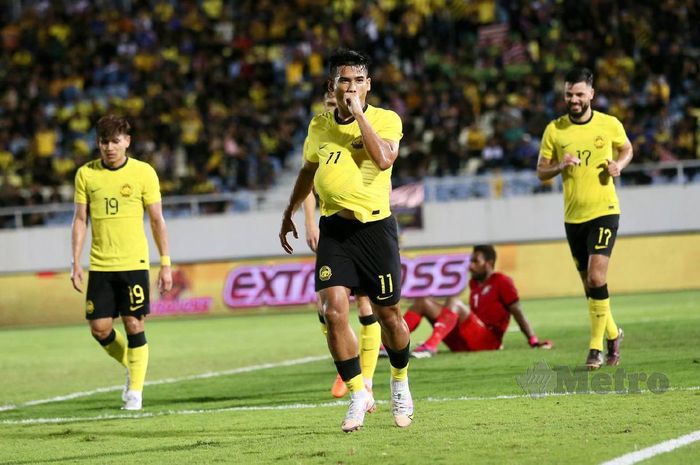 Pemain Timnas Malaysia, Safawi Rasid, melakukan selebrasi usai mencetak gol ke gawang Timnas Kepulauan Solomon, Rabu (14/6/2023) malam WIB.
