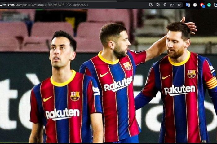 Dari kiri ke kanan: Sergio Busquets, Jordi Alba, dan Lionel Messi saat masih sama-sama bermain di Barcelona.