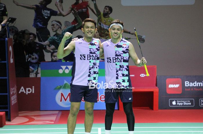 Pasangan ganda putra Indonesia, Fajar Alfian  / Muhammad Rian Ardianto, saat tampil pada Indonesia Open 2023 di Istora Senayan, Jakarta, Kamis, 15 Juni 2023
