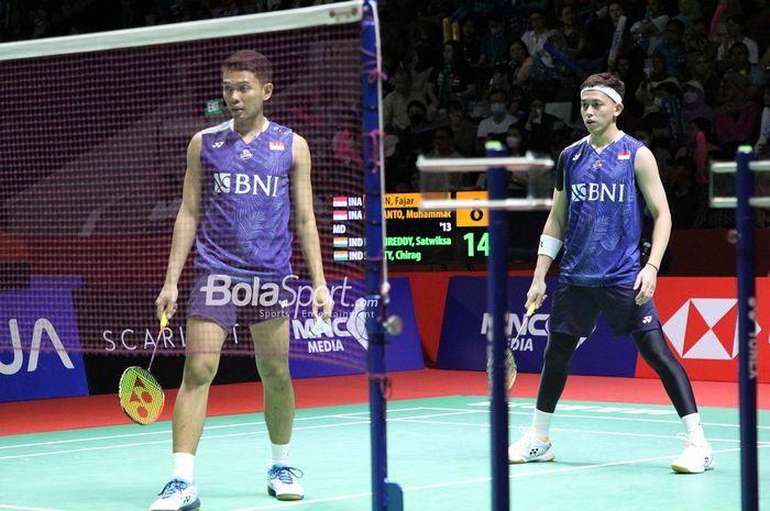 Pasangan ganda putra Indonesia,  Fajar ALFIAN/Muhammad Rian ARDIANTO, saat tampil pada Indonesia Open 2023 di Istora Senayan, Jakarta, Jumat , 16 Juni 2023