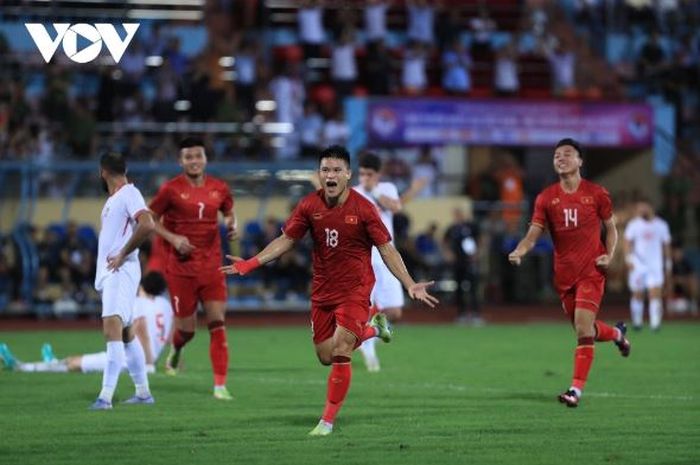 Pemain Timnas Vietnam Pham Tuan Hai selebrasi usai mencetak gol ke gawang Suriah, Selasa (20/6/2023).