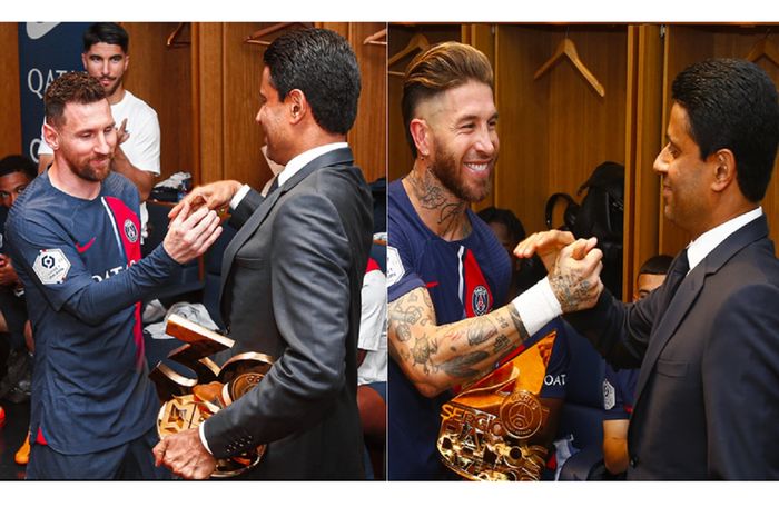 Lionel Messi dan Sergio Ramos menerima trofi emas dari Presiden PSG Nasser Al-Khelaifi.