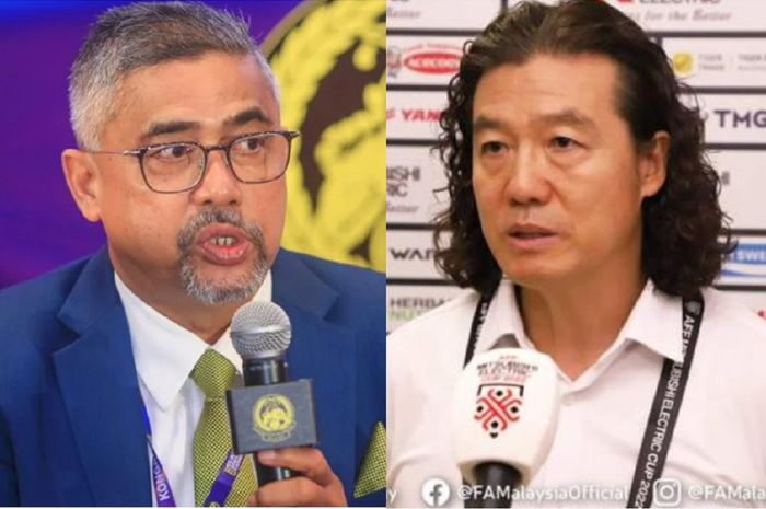 Sekjen Asosiasi Sepak Bola Malaysia Noor Azman Rahman (kiri) dan Kim Pan-gon.