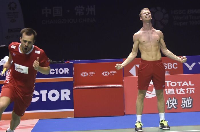 Ganda putra Denmark, Kim Astrup/Anders Skaarup Rasmussen saat memenangi gelar Fuzhou China Open 2018 silam.