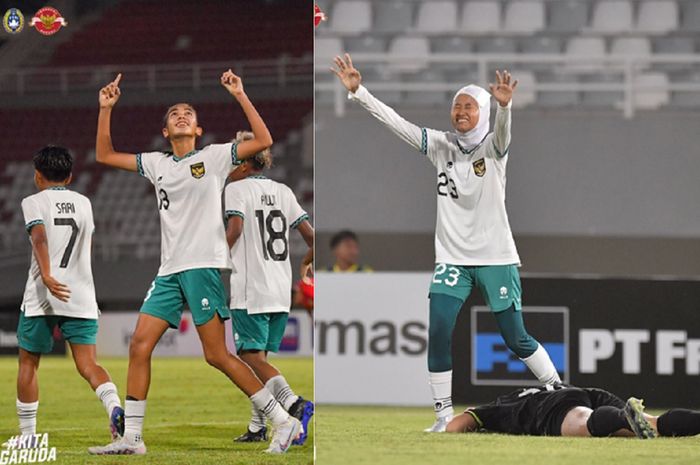 Dua bintang Timnas U-19 Wanita Indonesia, Claudia Scheunemann dan Ayunda Anggraini, selebrasi gol ke gawang Laos dalam Piala AFF U-19 Wanita 2023 di Palembang, Jumat (7/7/2023) malam.