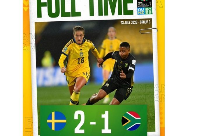 Laga Swedia vs Afrika Selatan di Grup G Piala Dunia Wanita 2023, Minggu (23/7/2023) di Wellington, berakhir dengan skor 2-1.