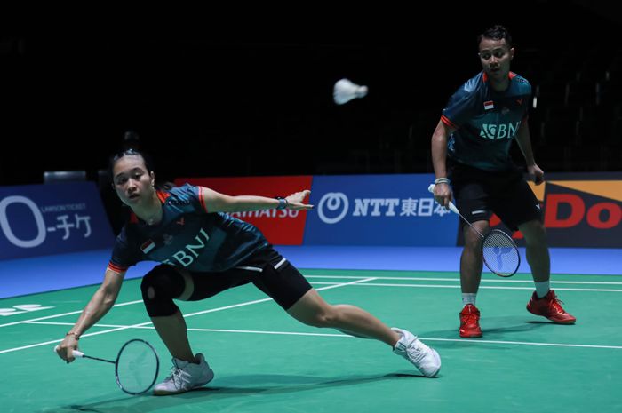 Aksi ganda campuran Indonesia, Rehan Naufal Kusharjanto/Lisa Ayu Kusumawati pada babak pertama Japan Open 2023, Selasa (25/7/2023)