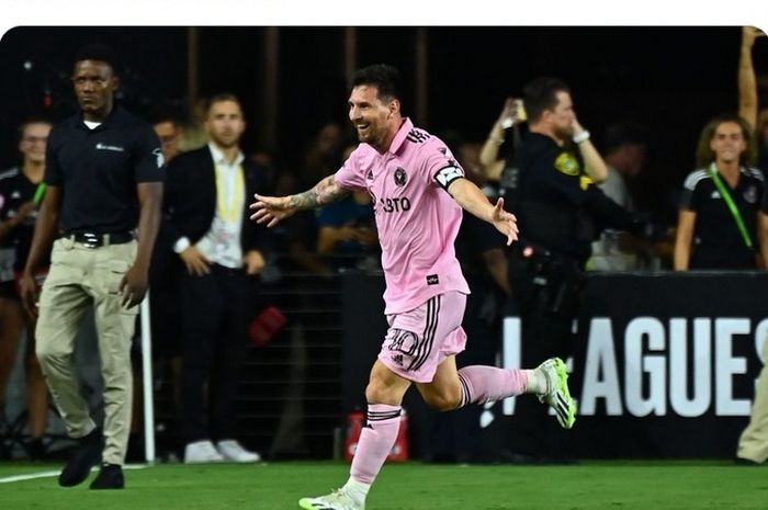 Lionel Messi merayakan golnya ke gawang Atlanta UNited pada matchday kedua Leagues Cup 2023.