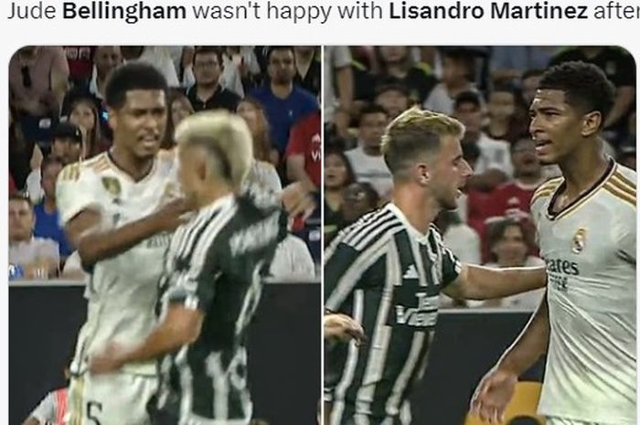 Pertarungan antara Jude Bellingham dan Lisandro Martinez dalam laga Manchester United dan Real Madrid.