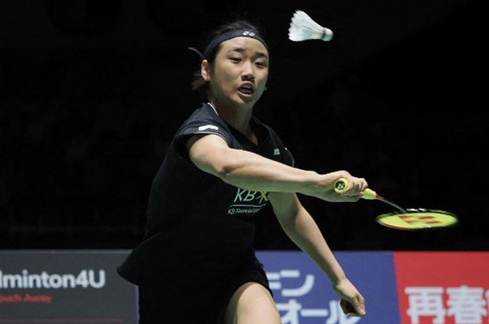 Pebulu tangkis tunggal putri Korea Selatan, An Se-young, pada final Japan Open 2023 di Yoyogi National Gymnasium, Minggu (30/7/2023).