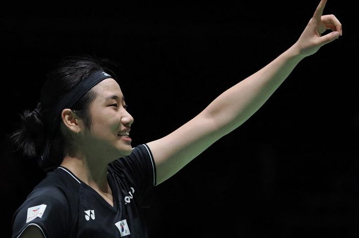 Tunggal putri Korea Selatan, An Se-young, mengalahkan He Bing Jiao dari China pada final Japan Open 2023 di Yoyogi Gymnasium, Tokyo, Jepang, 30 Juli 2023.