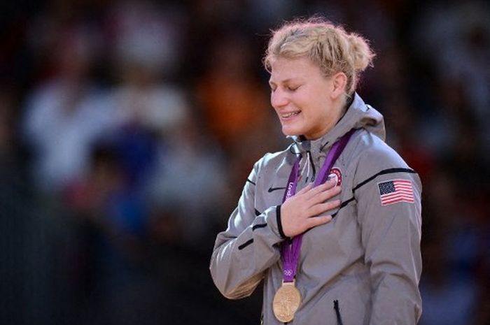Kayla Harrison meraih medali emas cabang judo nomor 78 kg perempuan di Olimpiade 2012, 2 Agustus 2012.