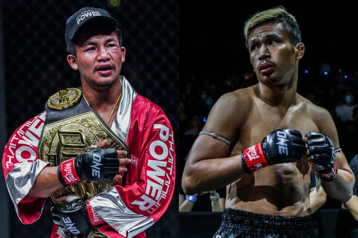 Rodtang Jitmuangnon (kiri) akan mempertahankan sabuk juara kelas terbang Muay Thai ONE Championship dengan menghadapi Superlek Kiatmoo9 di ONE Friday Fights 34 (22/9/2023). 