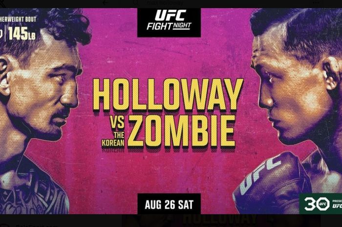 Poster duel UFC Singapura antara Max Holloway dan Zombi Korea, Chan Sung Jung yang diklaim mirip musuh Islam Makhachev.