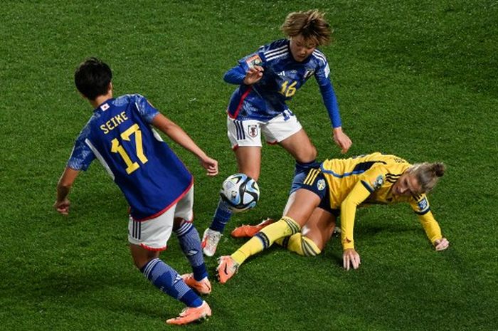 Pertandingan antara Jepang dan Swedia di babak perempat final Piala Dunia Wanita 2023, Jumat (11/8/2023) di Auckland.