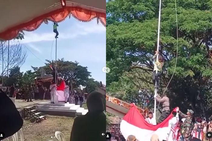 Bripka Suparno yang naik ke atas tiang panjat perbaiki tali bendera