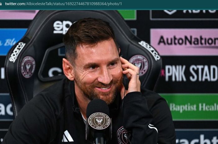 Kapten timnas Argentina sekaligus penyerang Inter Miamil Lionel Messi, hadir dalam sesi wawancara terbuka, Kamis (7/8/2023) waktu setempat.