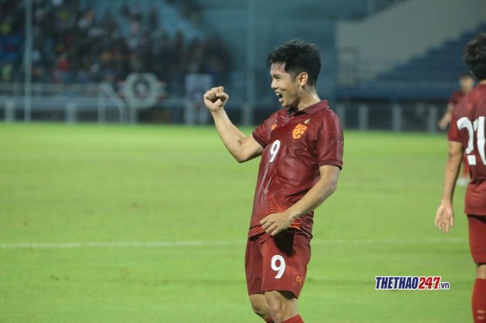 Pemain Timnas U-23 Thailand, Pattara Soimalai, melakukan selebrasi usai mencetak gol ke gawang Brunei Darussalam di laga Grup A Piala AFF U-23 2023.