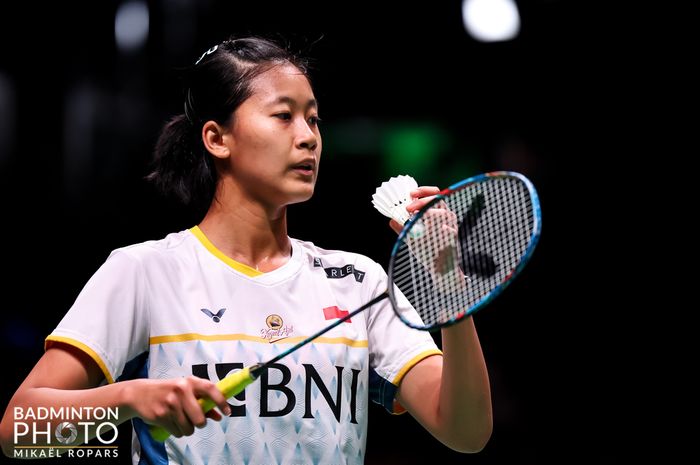 Tunggal putri Indonesia, Putri Kusuma Wardani saat tampil di babak 64 besar Kejuaraan Dunia 2023, di Royal Arena, Kopenhagen, Denmark, Senin (21/8/2023).