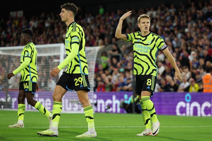 Martin Odegaard merayakan gol untuk Arsenal ke gawang Crystal Palace dalam matchday 2 Liga Inggris 2023-2024 di Stadion Selhurst Park, Senin (21/8/2023).