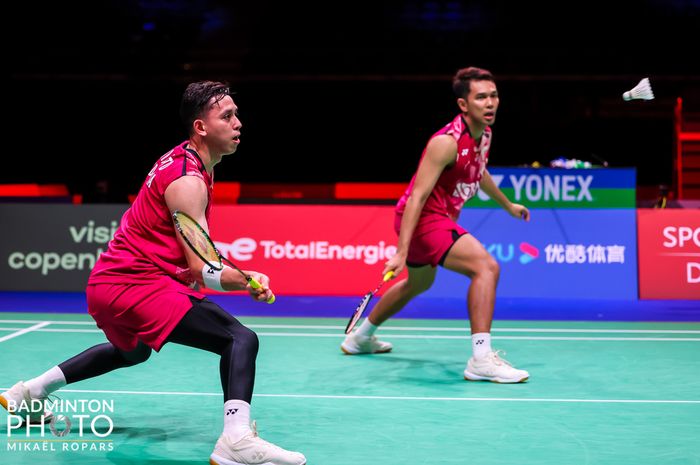 Aksi ganda putra Indonesia, Fajar Alfian/Muhammad Rian Ardianto saat tampil pada babak kedua Kejuaraan Dunia 2023, Rabu (23/8/2023)