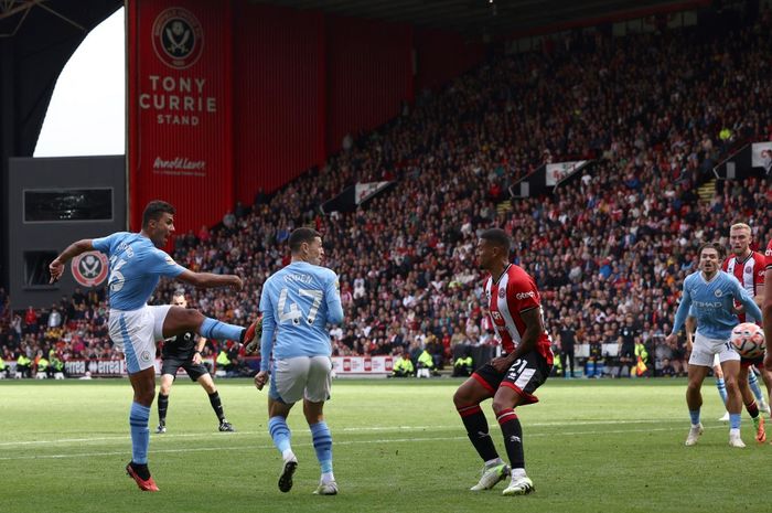 Rodri mencetak gol kemenangan Manchester City dalam matchweek 3 Liga Inggris 2023-2024 melawan Sheffield United di Stadion Bramall Lane pada Minggu (27/8/2023).