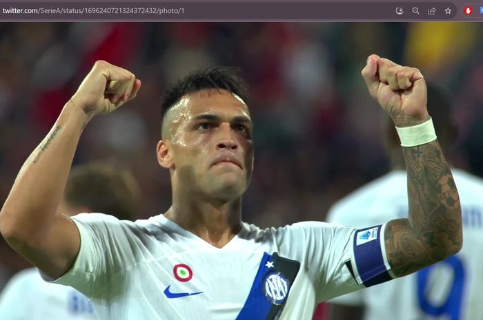 Lautaro Martinez merayakan gol dalam laga Cagliari vs Inter Milan pada giornata 2 Liga Italia 2023-2024 di Stadion Unipol Domus, Senin (28/8/2023).