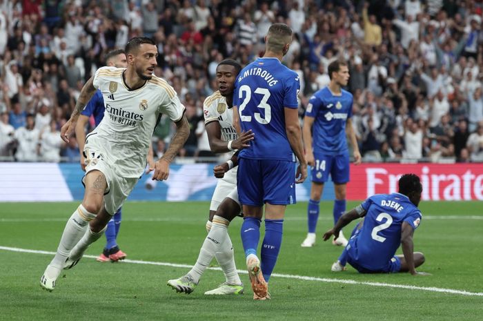 Joselu mencetak gol pertama sekaligus menyelamatkan Real Madrid dari kekalahan di Santiago Bernabeu saat menjamu Getafe pada jornada keempat Liga Spanyol 2023-2024, Sabtu (2/9/2023) malam WIB.