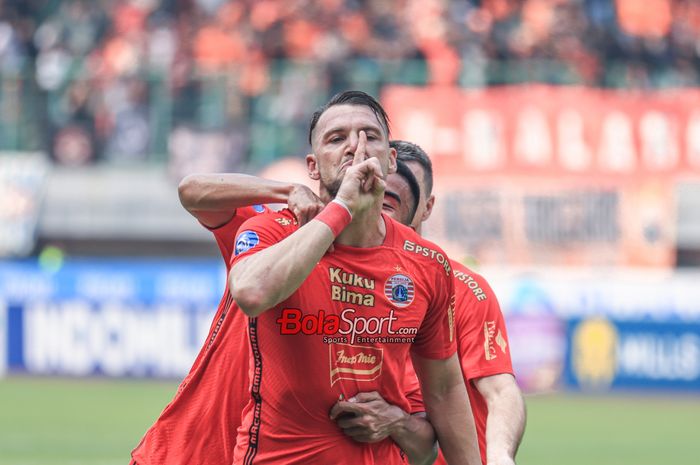 Marko Simic sedang melakukan selebrasi seusai mencetak gol dalam laga pekan ke-11 Liga 1 2023 antara Persija versus Persib di Stadion Patriot Candrabhaga, Bekasi, Jawa Barat, Sabtu (2/9/2023).