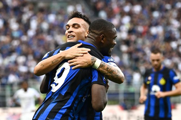 Marcus Thuram merayakan gol debutnya Inter Milan dalam giornata 3 Liga Italia 2023-2024 melawan Fiorentina di Stadion Giuseppe Meazza pada Minggu (3/9/2023).