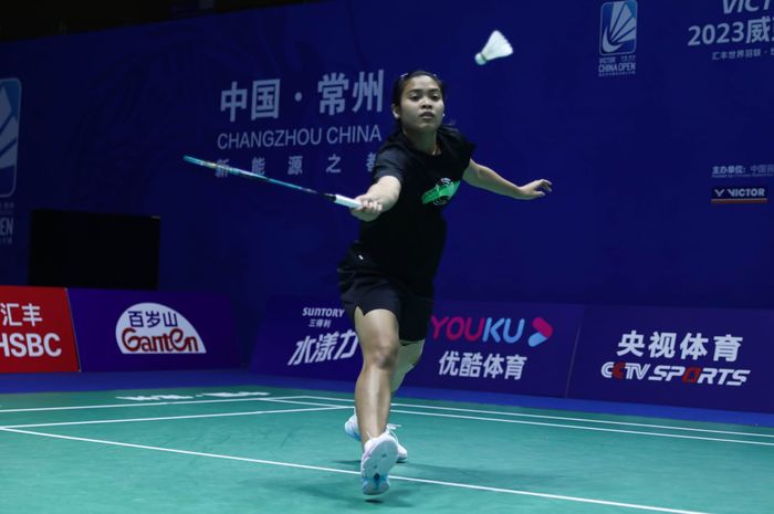 Pebulu tangkis tunggal putri Indonesia, Gregoria Mariska Tunjung, pada latihan pertama jelang China Open 2023 di Changzhou Olympic Sports Center Gymnasium, Minggu (3/9/2023).